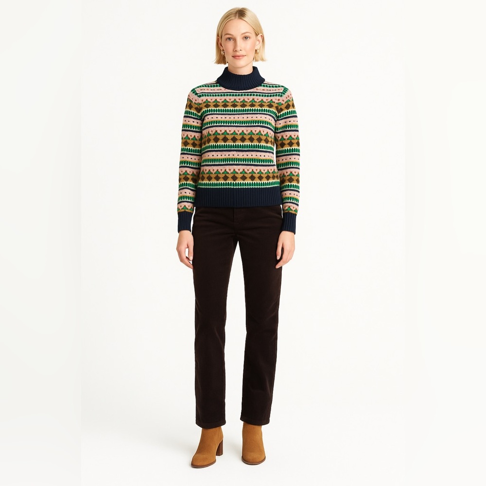Women J. Crew Mockneck Fair Isle Wool-Blend Sweater Green/Pink Sz. Small